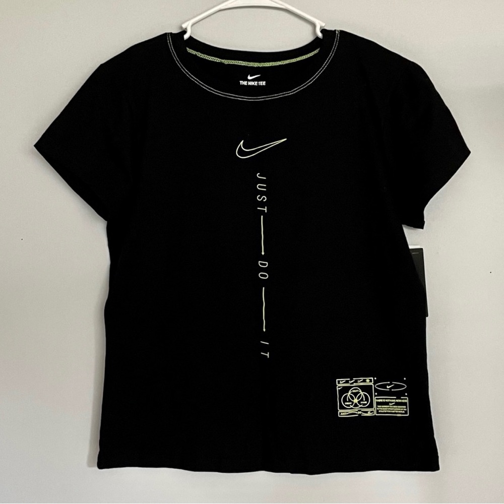 Nike Black Neon Lettering Tee Shirt Women's/Jr's Size Large Cap Sleeves